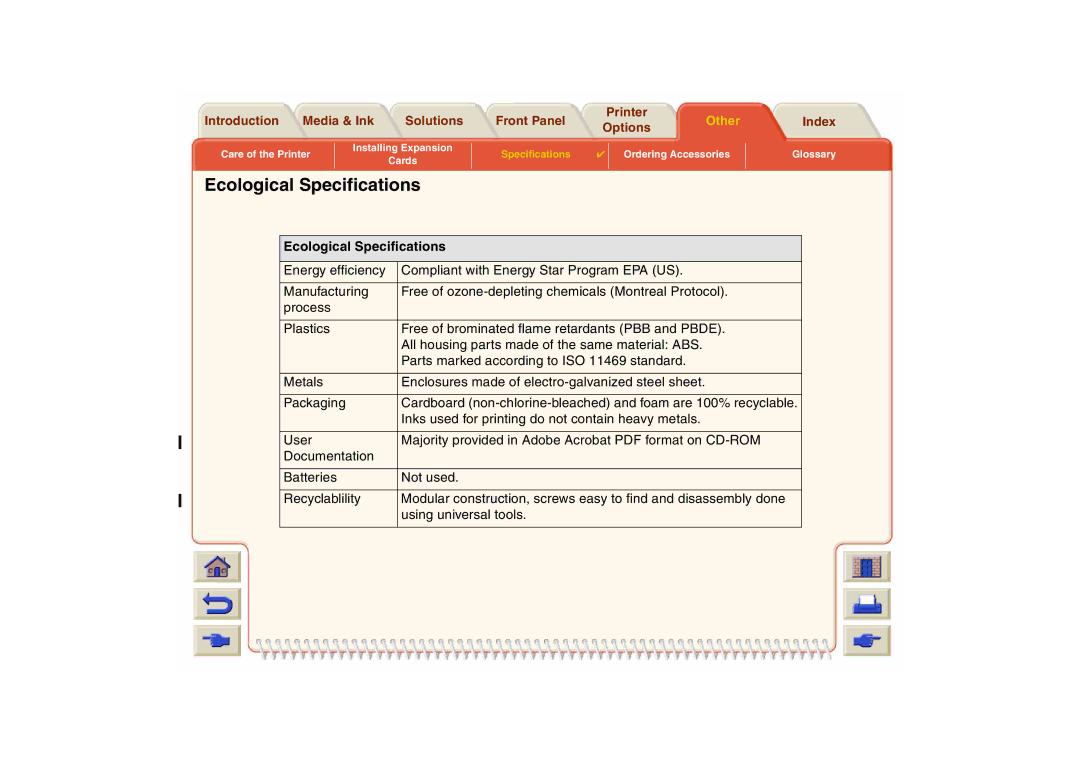 HP 800 manual Ecological Specifications, Inks used for printing do not contain heavy metals 