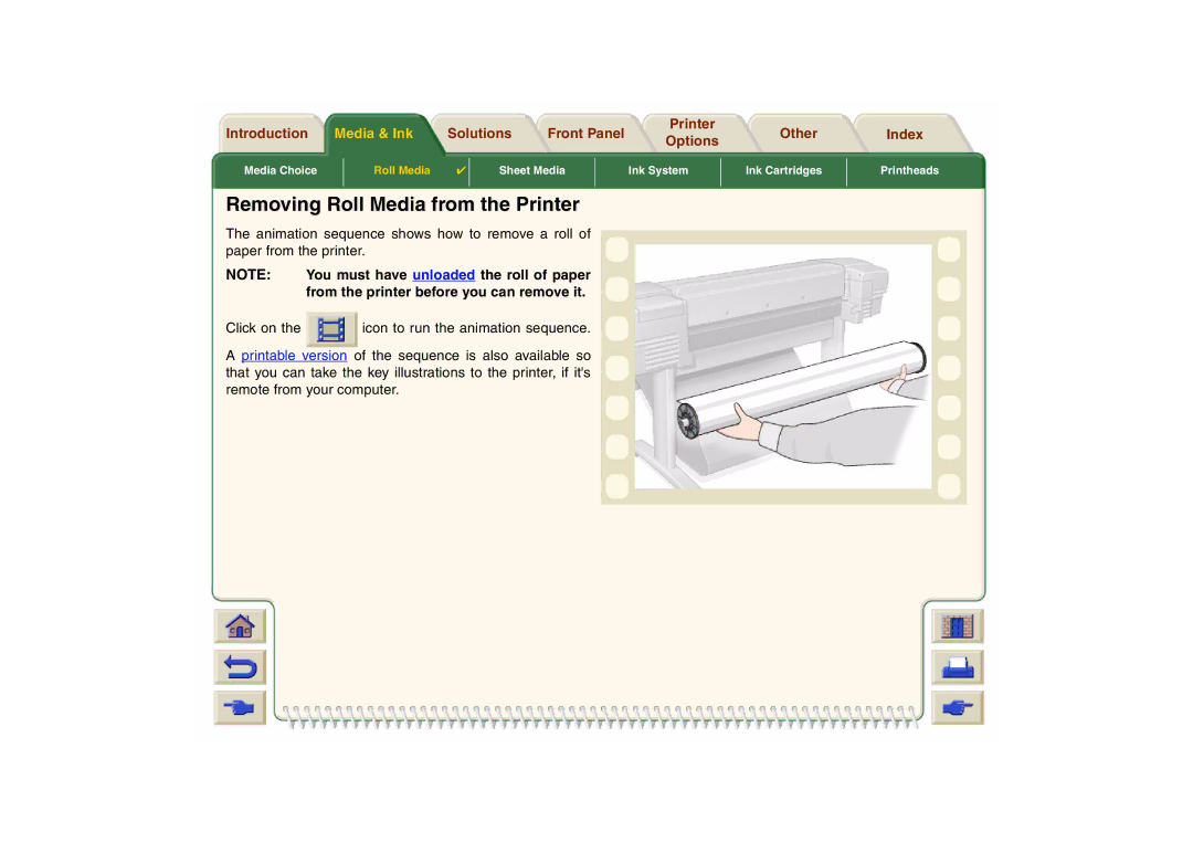 HP 800 manual Removing Roll Media from the Printer, Click on Icon to run the animation sequence 