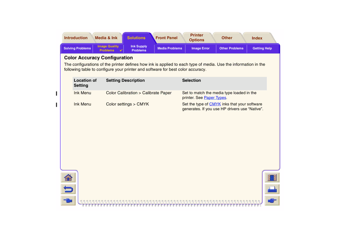 HP 800 manual Color Accuracy Configuration, Setting Description, Color Calibration Calibrate Paper Color settings Cmyk 