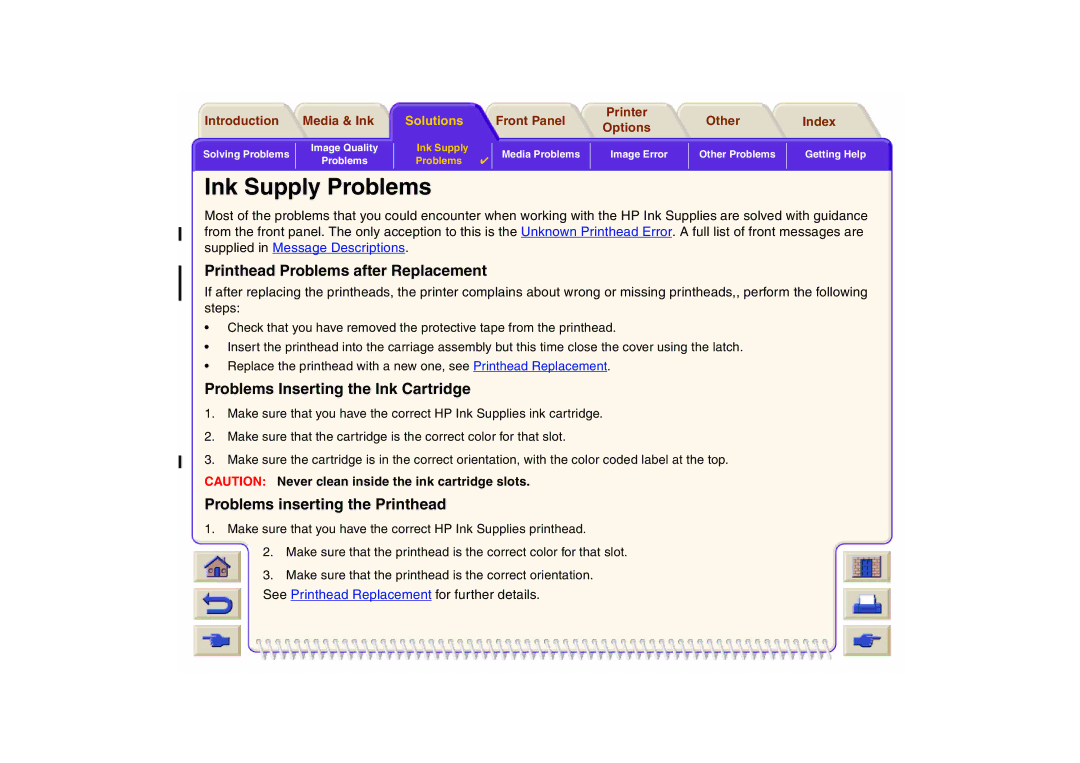 HP 800 manual Ink Supply Problems, Printhead Problems after Replacement, Problems inserting the Printhead 