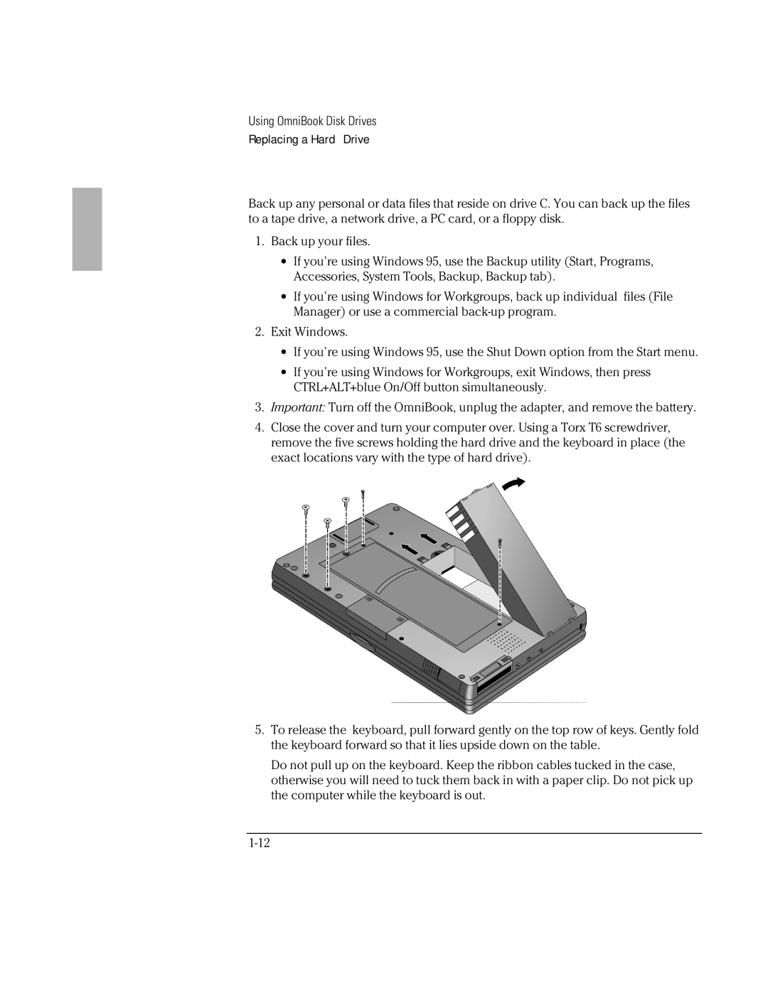 HP 800 manual Using OmniBook Disk Drives Replacing a Hard Drive 