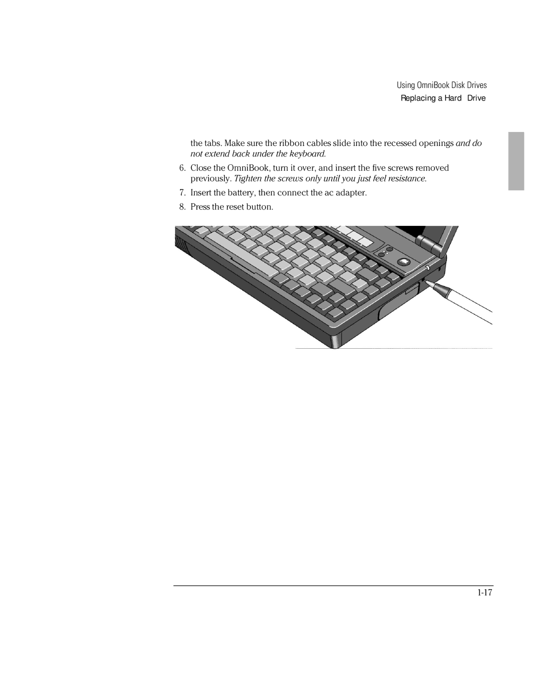 HP 800 manual Using OmniBook Disk Drives Replacing a Hard Drive 