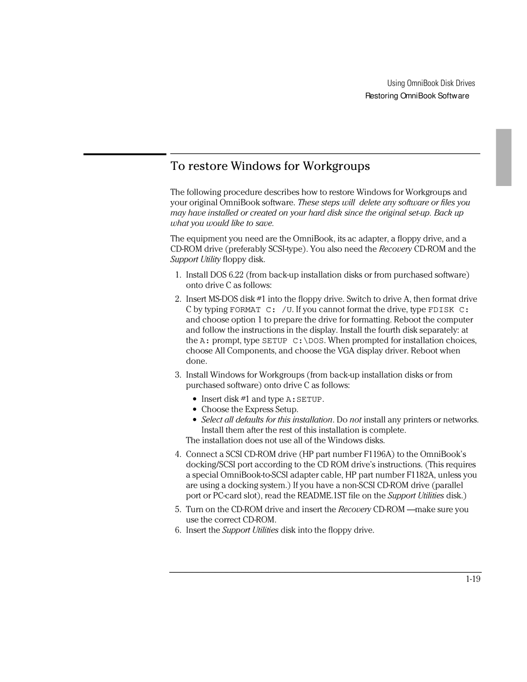 HP 800 manual To restore Windows for Workgroups 