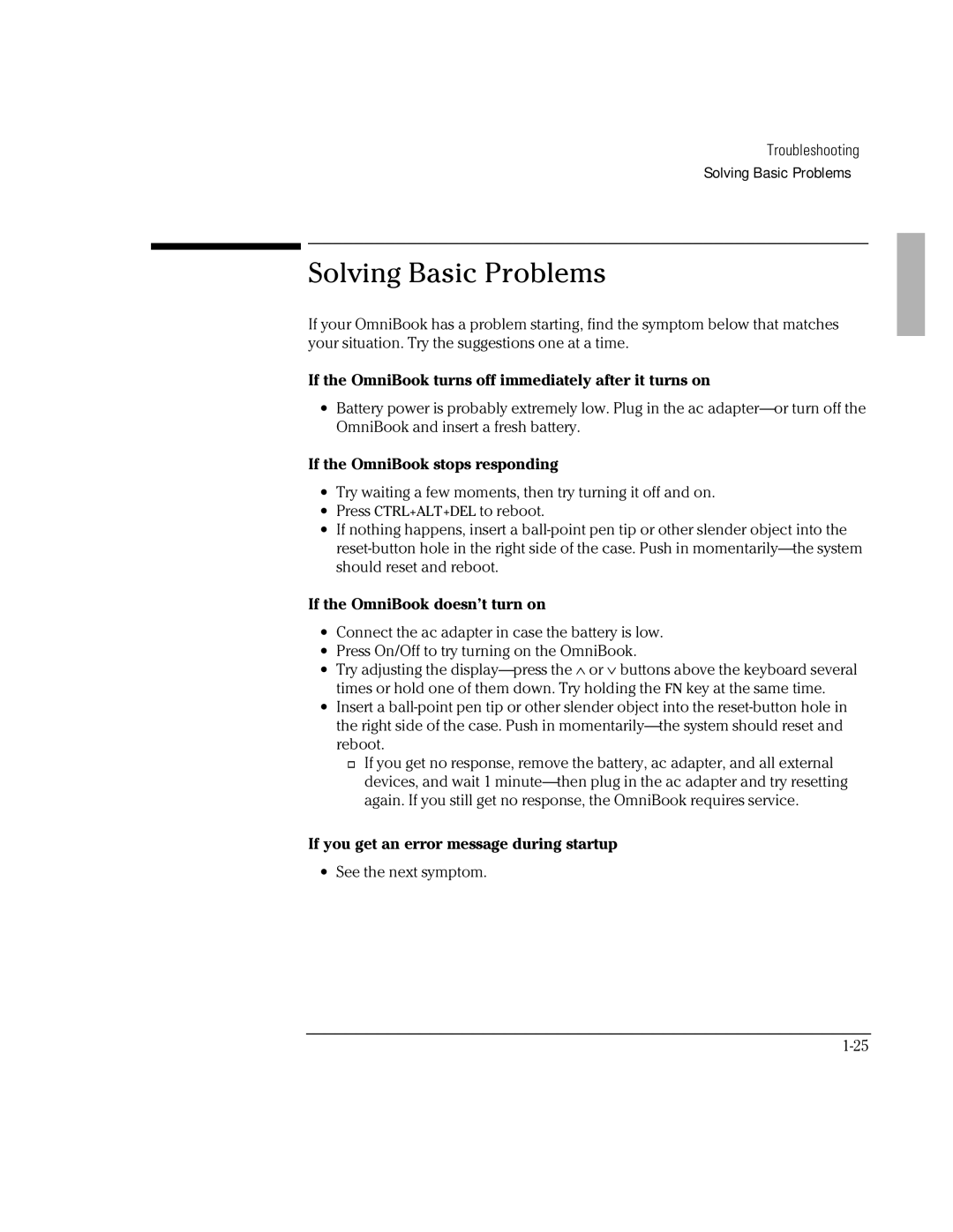 HP 800 Solving Basic Problems, If the OmniBook turns off immediately after it turns on, If the OmniBook stops responding 