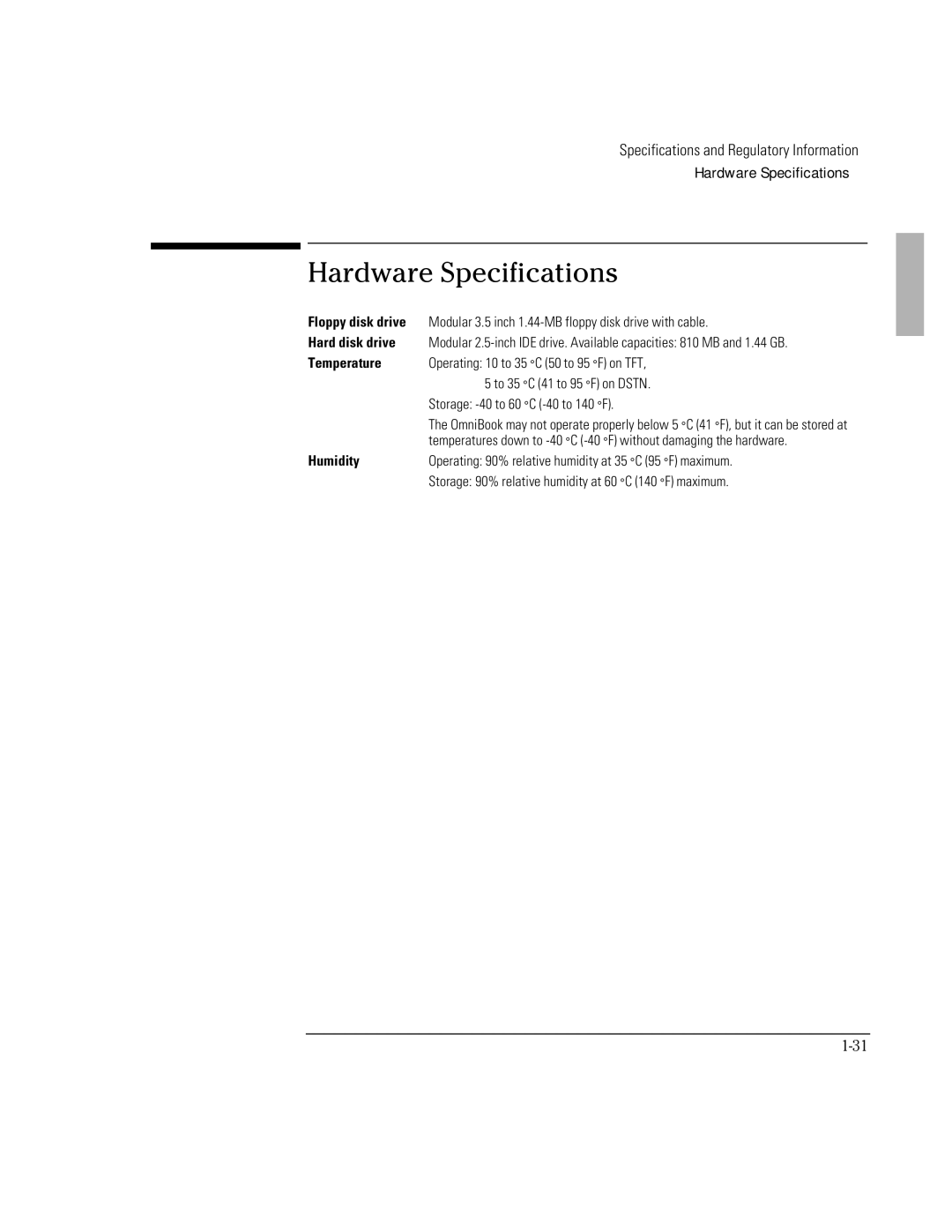 HP 800 manual Hardware Specifications, Temperature 