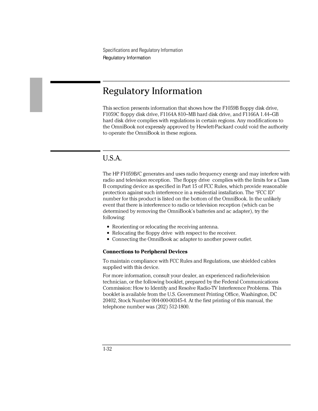 HP 800 manual Regulatory Information, Connections to Peripheral Devices 