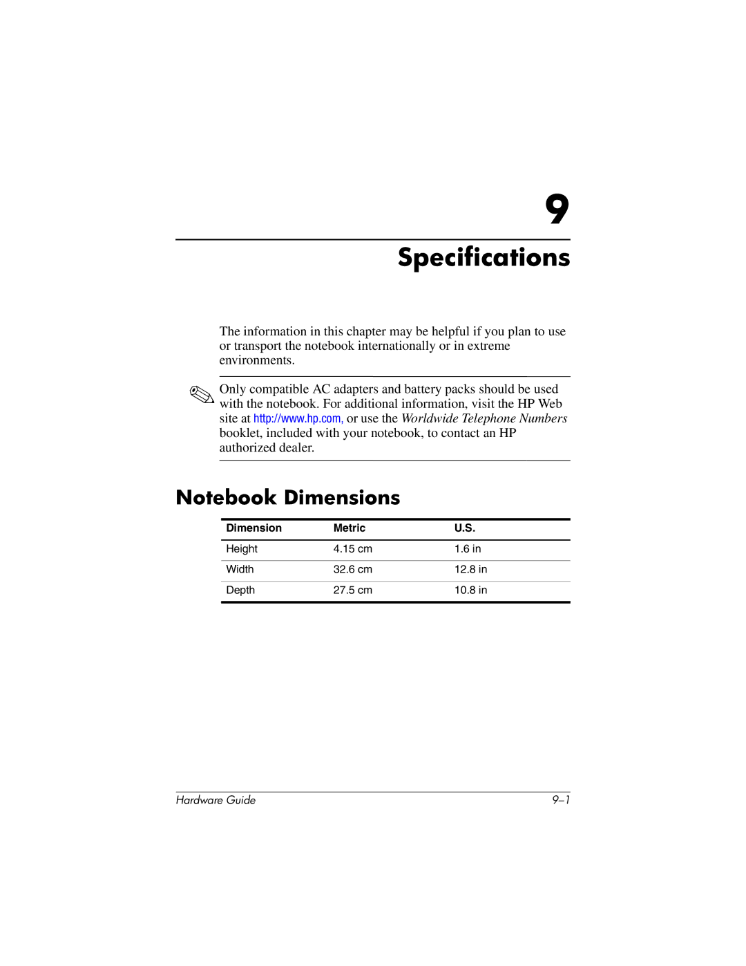 HP 8000 Mobile manual Specifications 