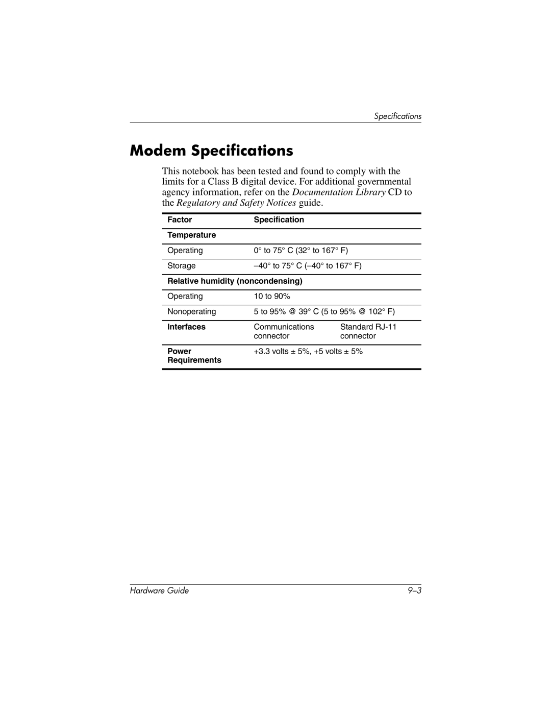 HP 8000 Mobile manual Modem Specifications 