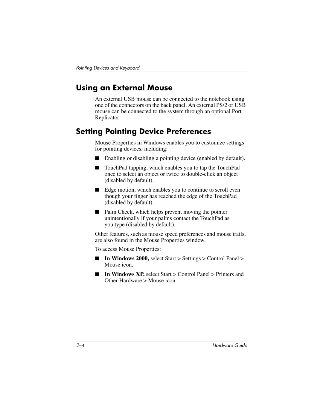 HP 8000 Mobile manual Using an External Mouse, Setting Pointing Device Preferences 