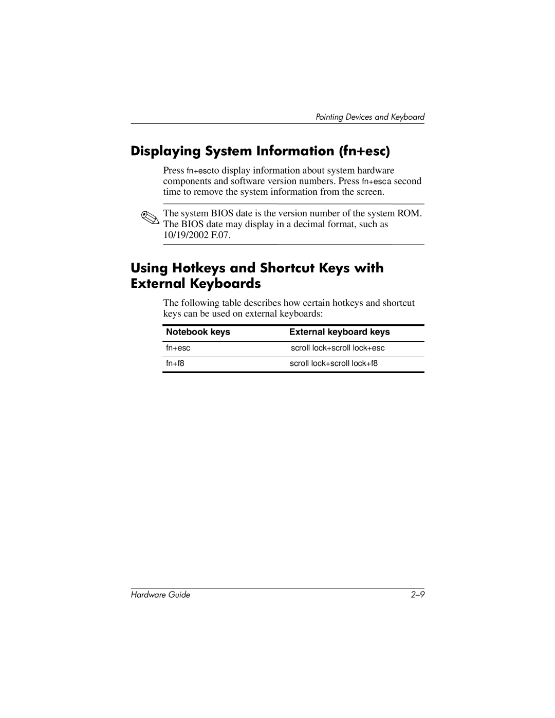 HP 8000 Mobile manual Displaying System Information fn+esc, Using Hotkeys and Shortcut Keys with External Keyboards 