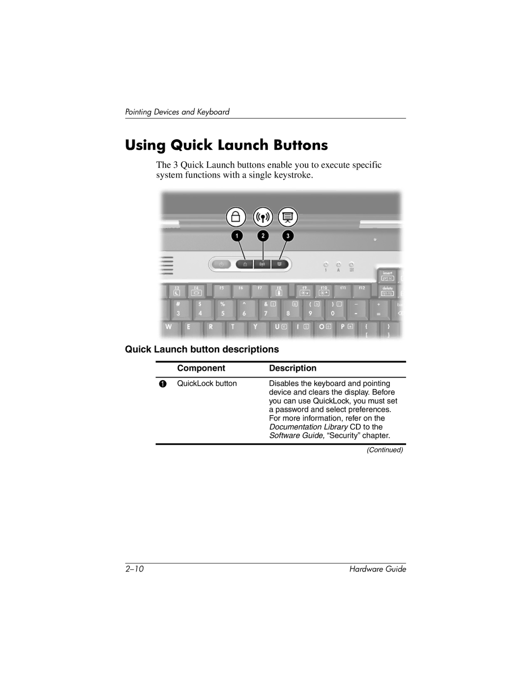 HP 8000 Mobile manual Using Quick Launch Buttons, Quick Launch button descriptions 