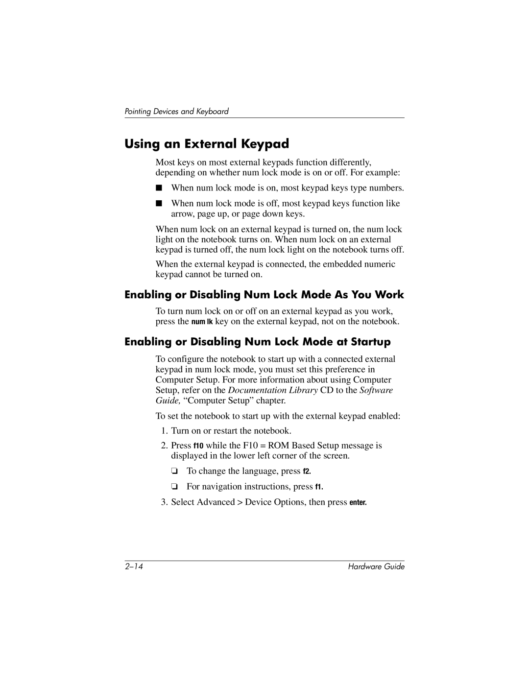 HP 8000 Mobile manual Using an External Keypad, Enabling or Disabling Num Lock Mode As You Work 