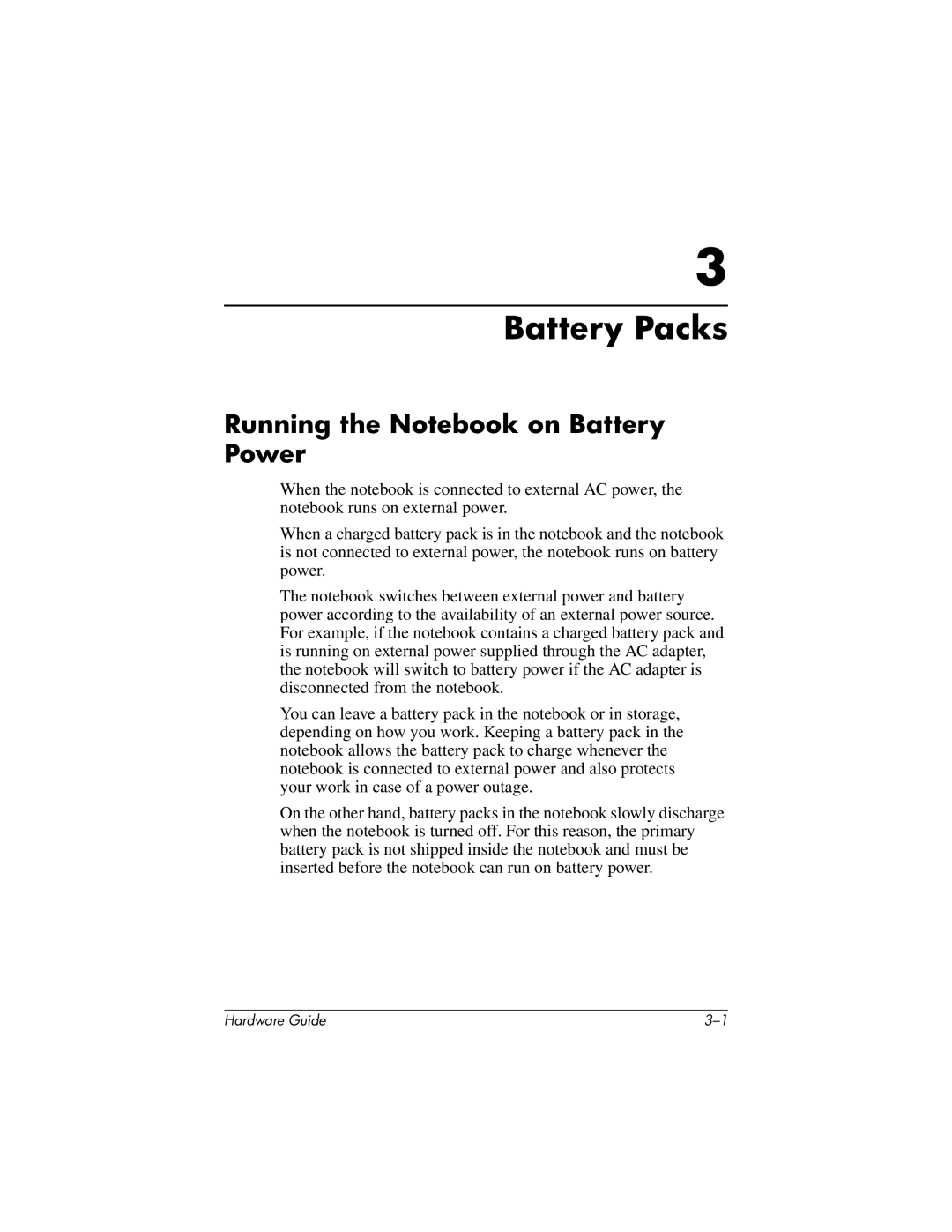 HP 8000 Mobile manual Battery Packs, Running the Notebook on Battery Power 