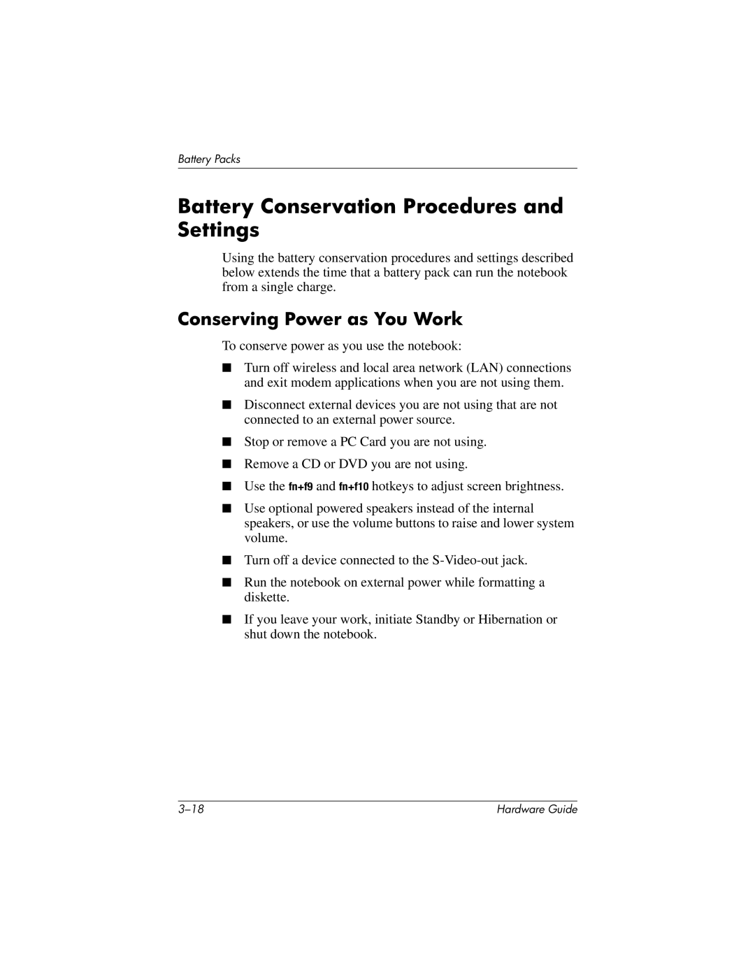 HP 8000 Mobile manual Battery Conservation Procedures and Settings, Conserving Power as You Work 