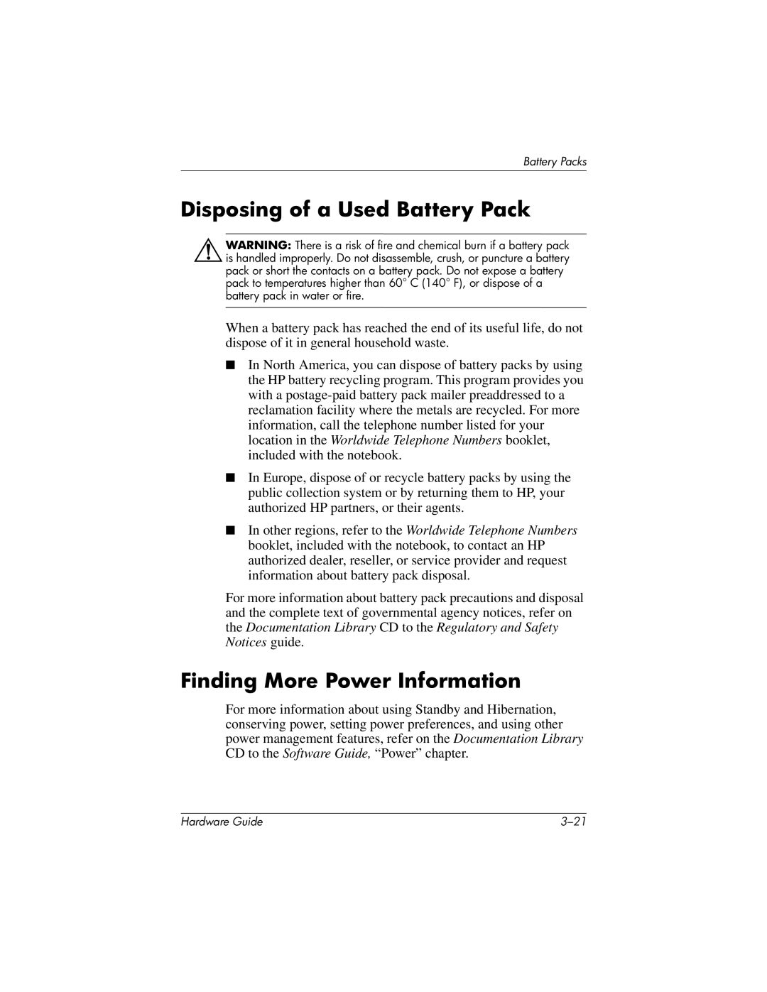 HP 8000 Mobile manual Disposing of a Used Battery Pack, Finding More Power Information 