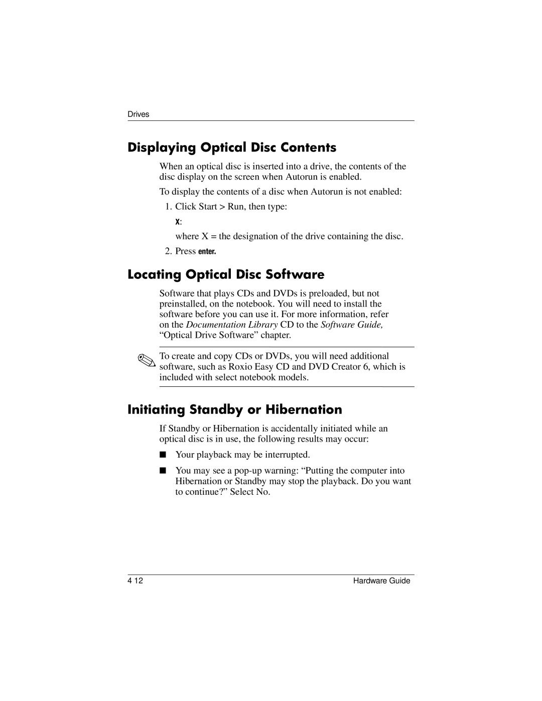 HP 8000 Mobile manual Displaying Optical Disc Contents, Locating Optical Disc Software, Initiating Standby or Hibernation 