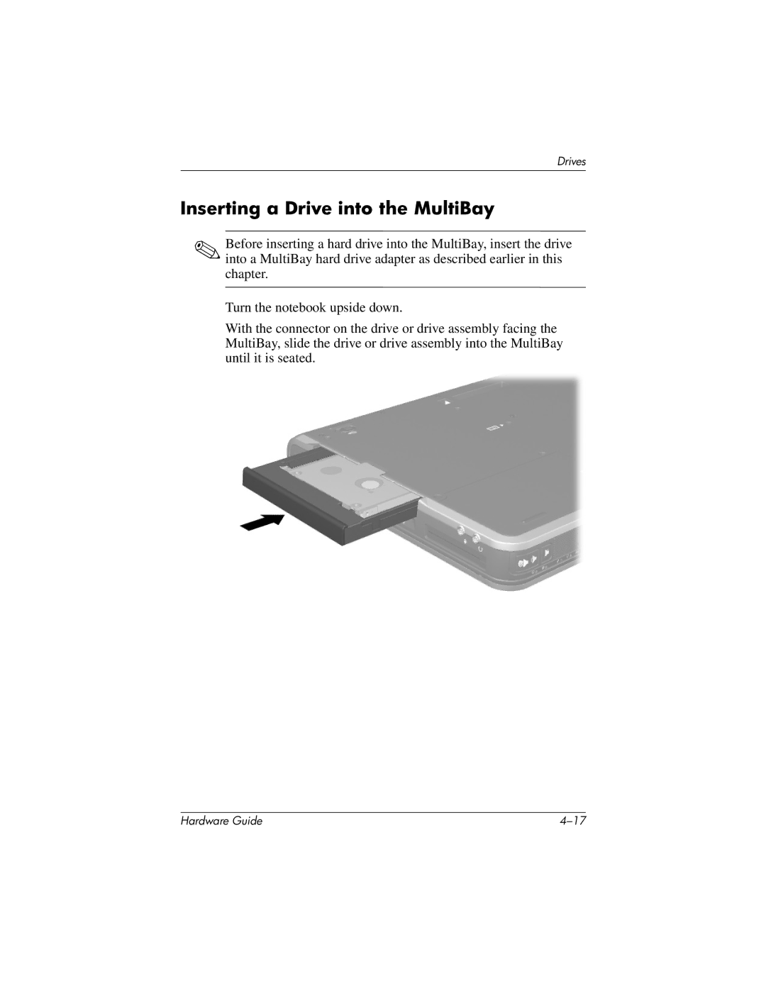 HP 8000 Mobile manual Inserting a Drive into the MultiBay 