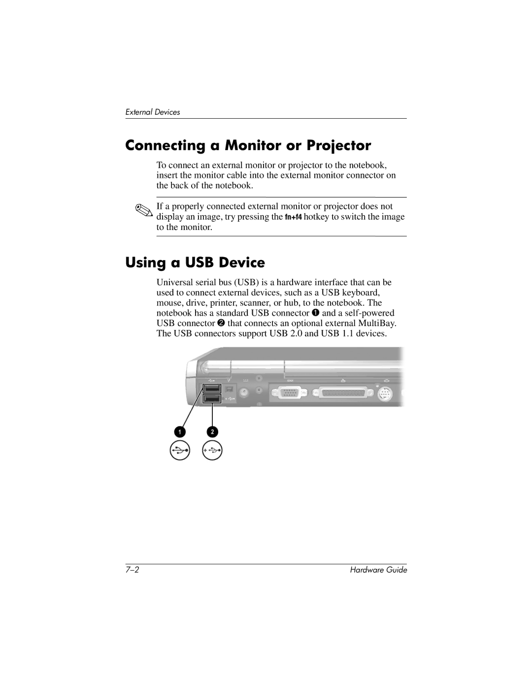 HP 8000 Mobile manual Connecting a Monitor or Projector, Using a USB Device 