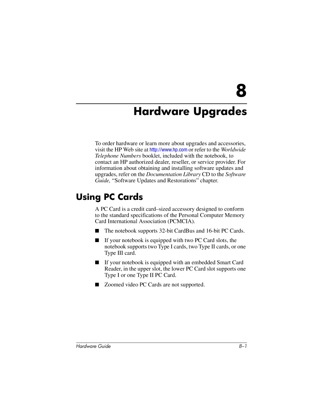 HP 8000 Mobile manual Hardware Upgrades, Using PC Cards 