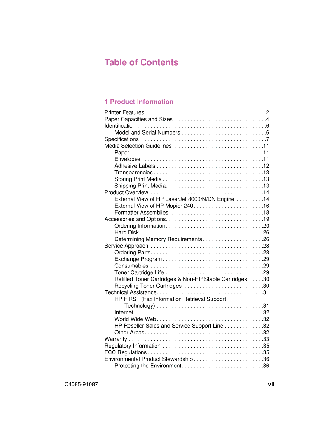 HP 8000 N, 8000 DN, Mopier 240 manual Table of Contents 