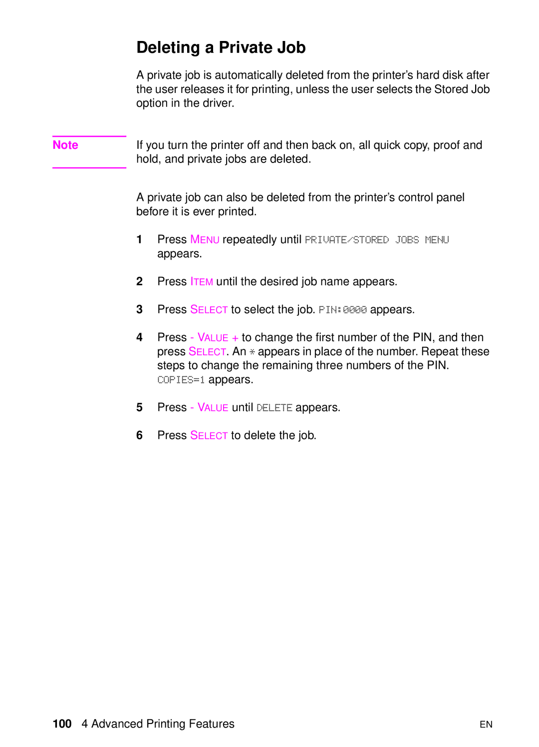 HP 8000 s manual Deleting a Private Job 