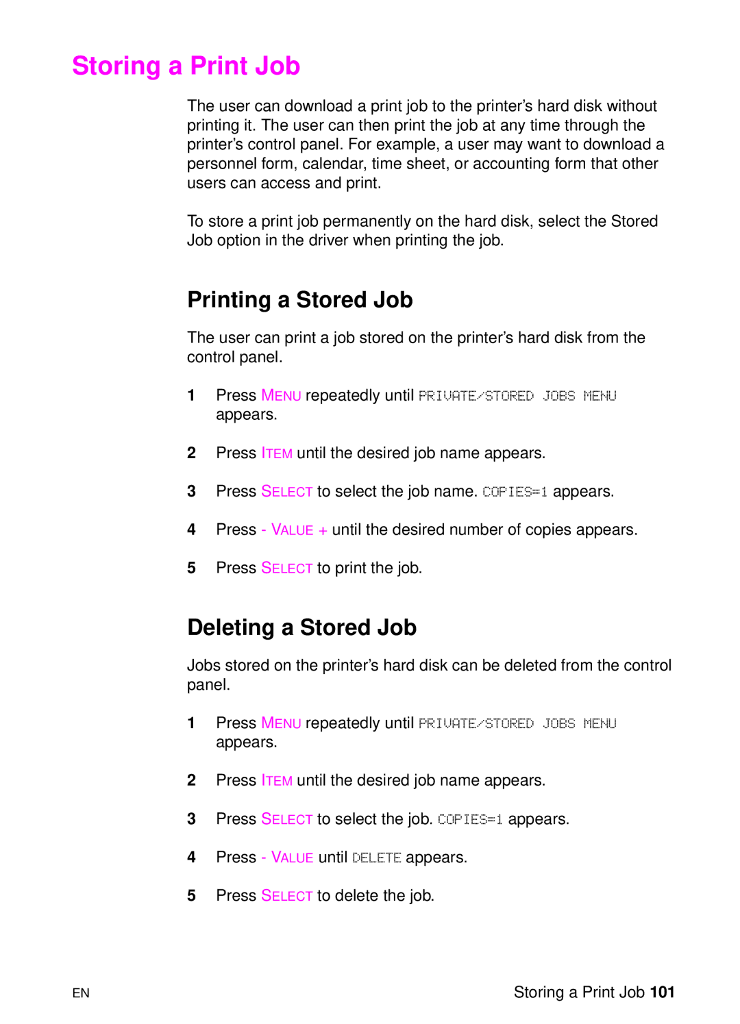 HP 8000 s manual Storing a Print Job, Printing a Stored Job, Deleting a Stored Job 