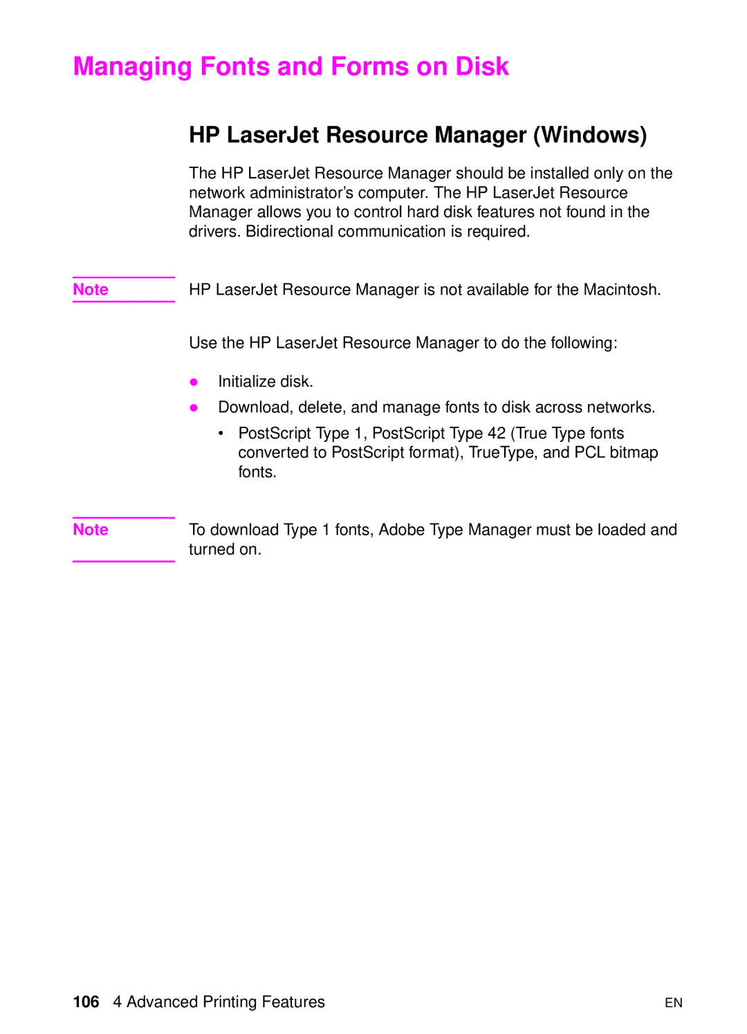 HP 8000 s manual Managing Fonts and Forms on Disk, HP LaserJet Resource Manager Windows 