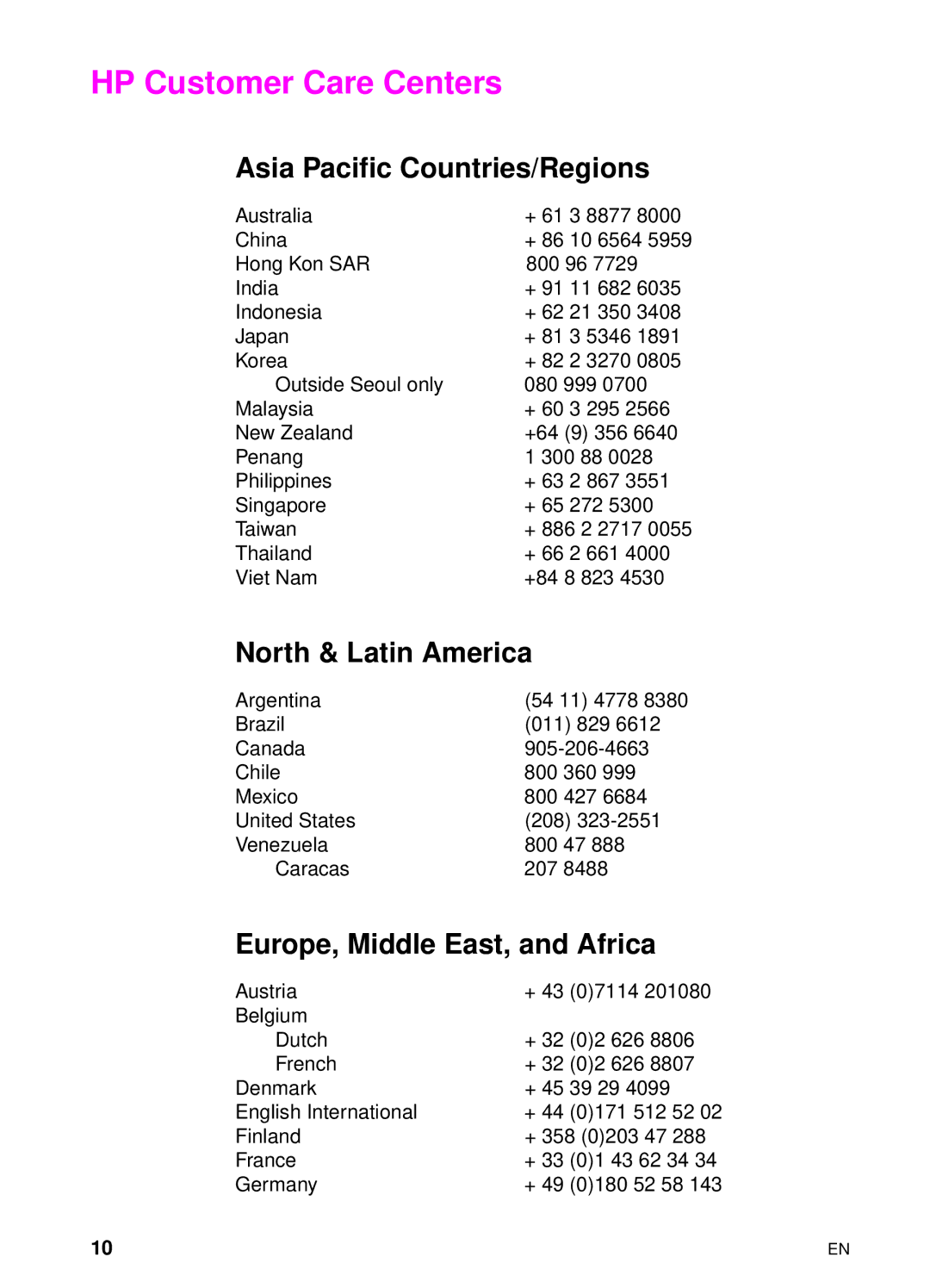 HP 8000 s HP Customer Care Centers, Asia Pacific Countries/Regions, North & Latin America, Europe, Middle East, and Africa 