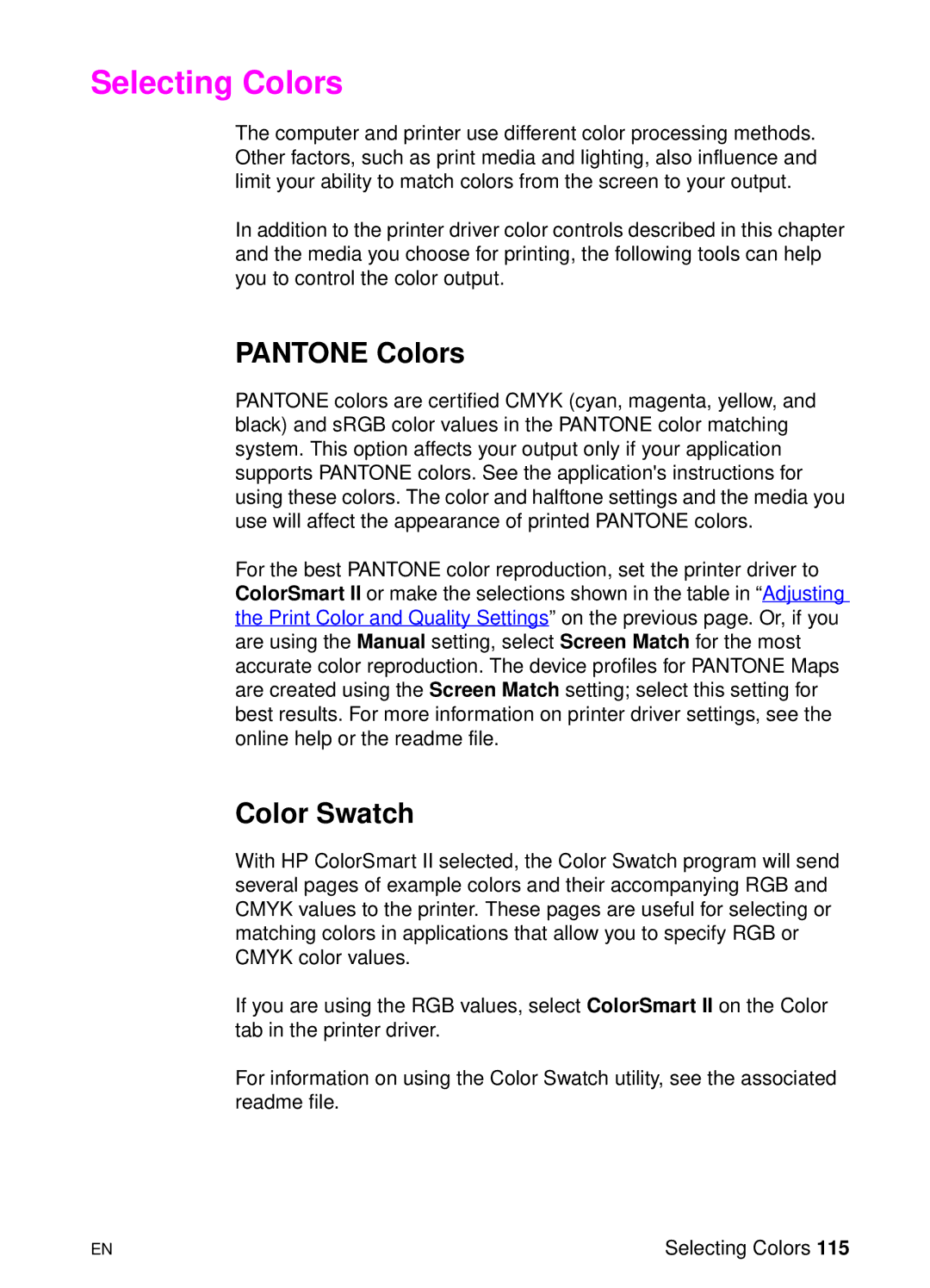 HP 8000 s manual Selecting Colors, Pantone Colors, Color Swatch 