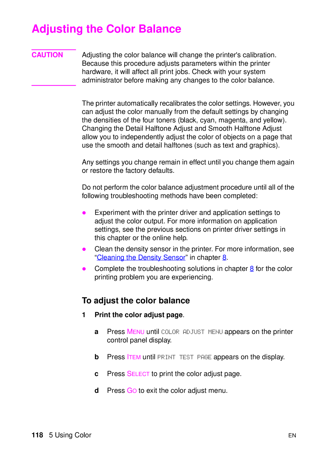 HP 8000 s manual Adjusting the Color Balance, To adjust the color balance, Print the color adjust 