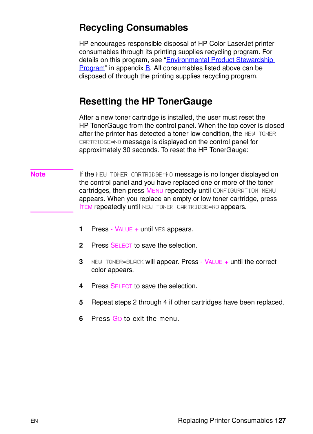 HP 8000 s manual Recycling Consumables, Resetting the HP TonerGauge 