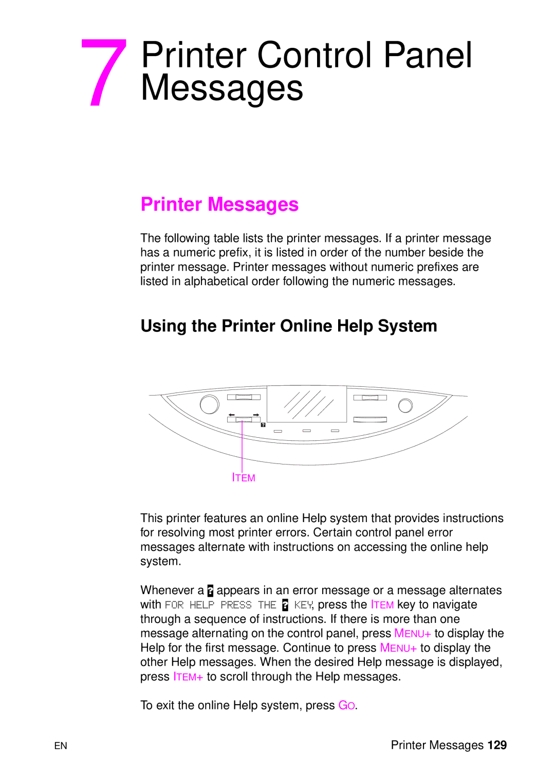 HP 8000 s manual Printer Messages, Using the Printer Online Help System 