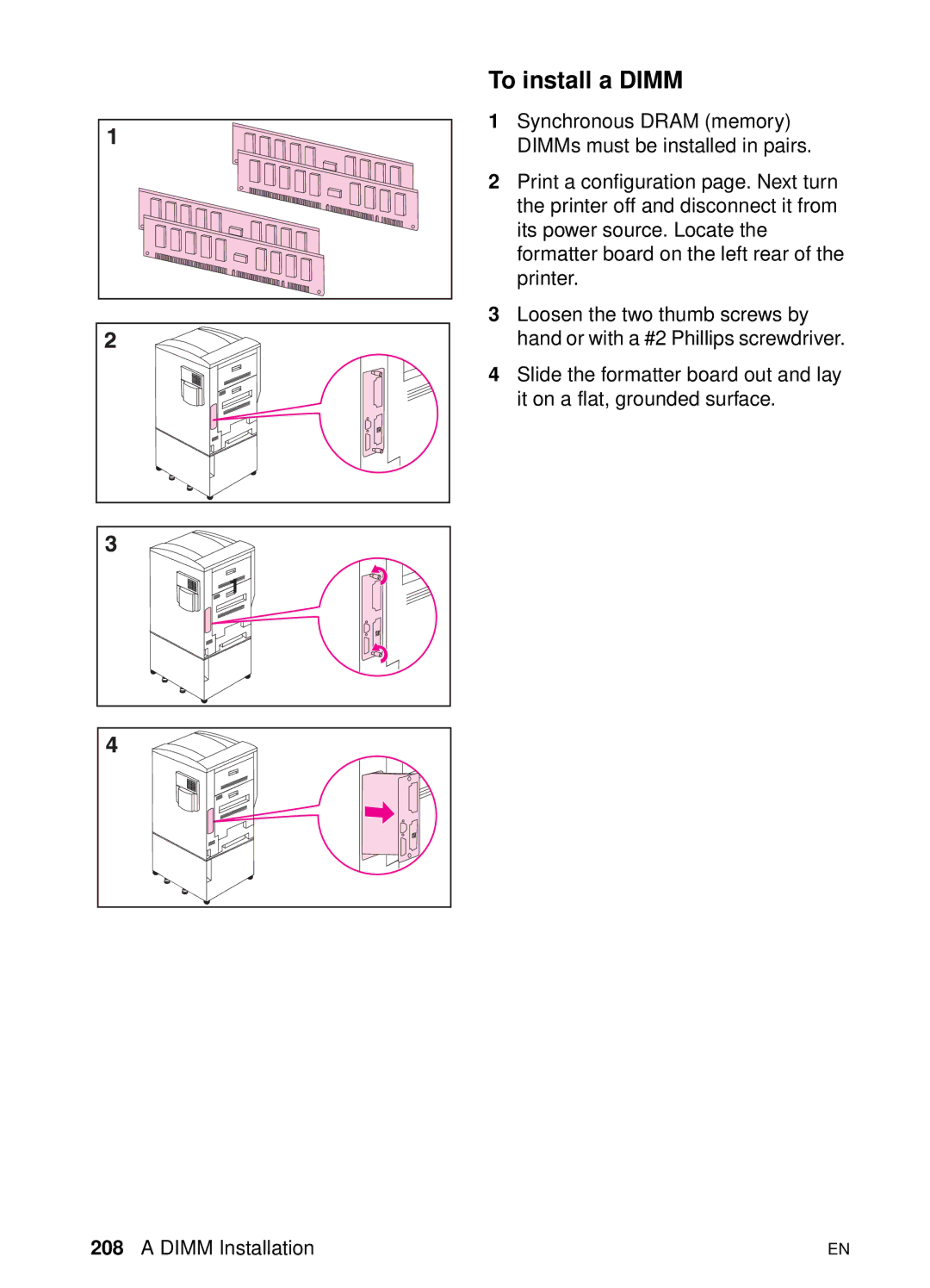 HP 8000 s manual To install a Dimm 