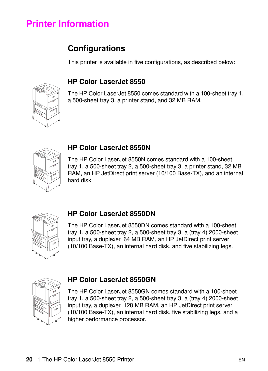 HP 8000 s manual Printer Information, Configurations 