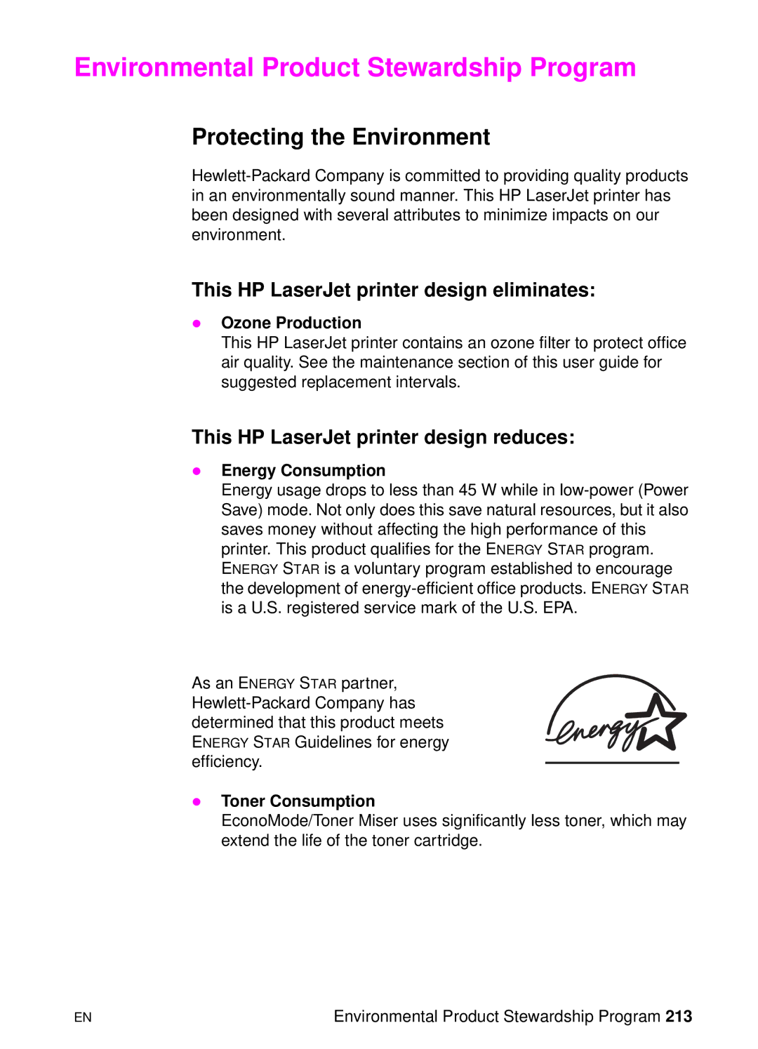 HP 8000 s Environmental Product Stewardship Program, Protecting the Environment, This HP LaserJet printer design reduces 