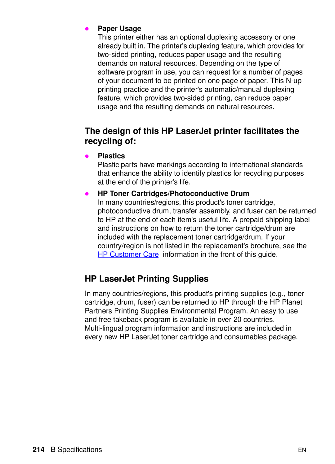 HP 8000 s manual HP LaserJet Printing Supplies, Paper Usage, Plastics, HP Toner Cartridges/Photoconductive Drum 