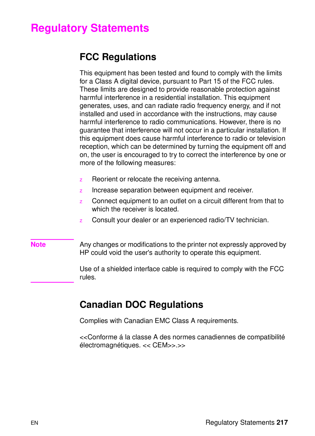 HP 8000 s manual Regulatory Statements, FCC Regulations, Canadian DOC Regulations 