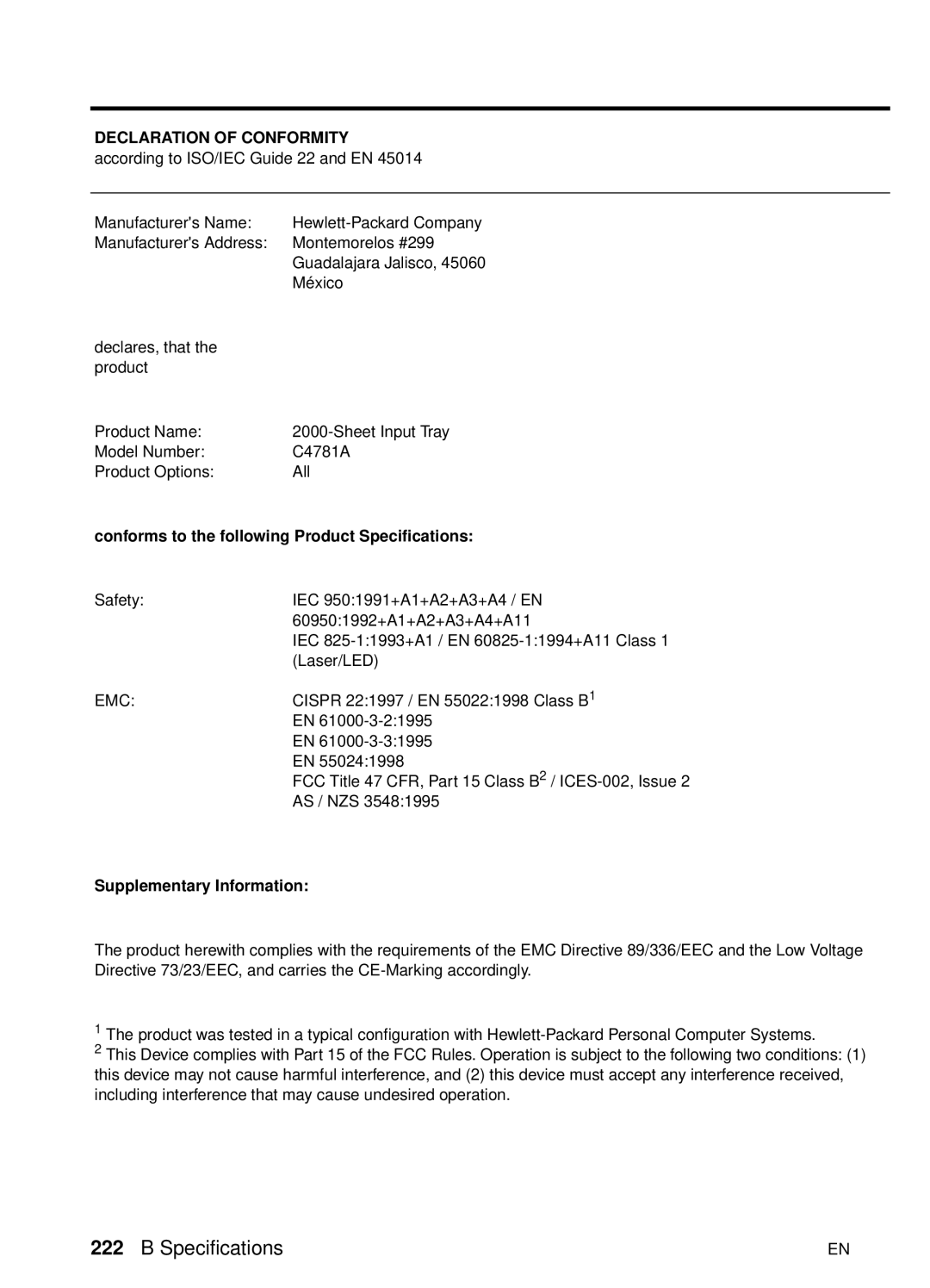 HP 8000 s manual Cispr 221997 / EN 550221998 Class B1 