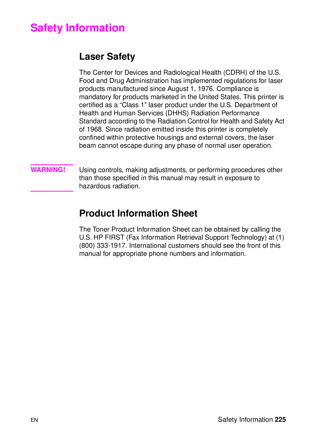 HP 8000 s manual Safety Information, Laser Safety, Product Information Sheet 