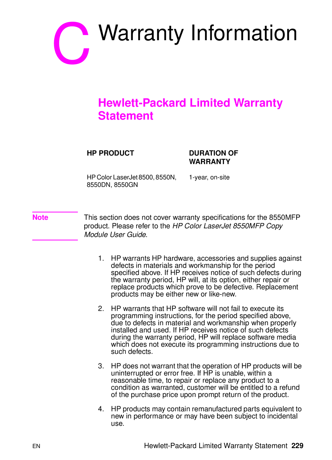 HP 8000 s manual Warranty Information, Hewlett-Packard Limited Warranty Statement 