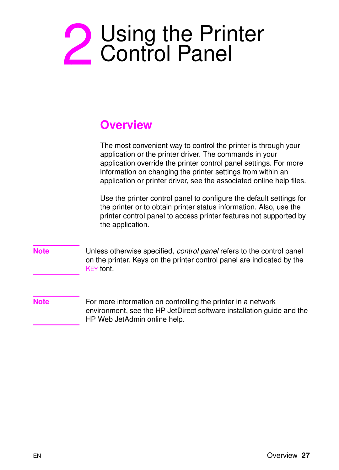 HP 8000 s manual Using the Printer Control Panel, Overview 