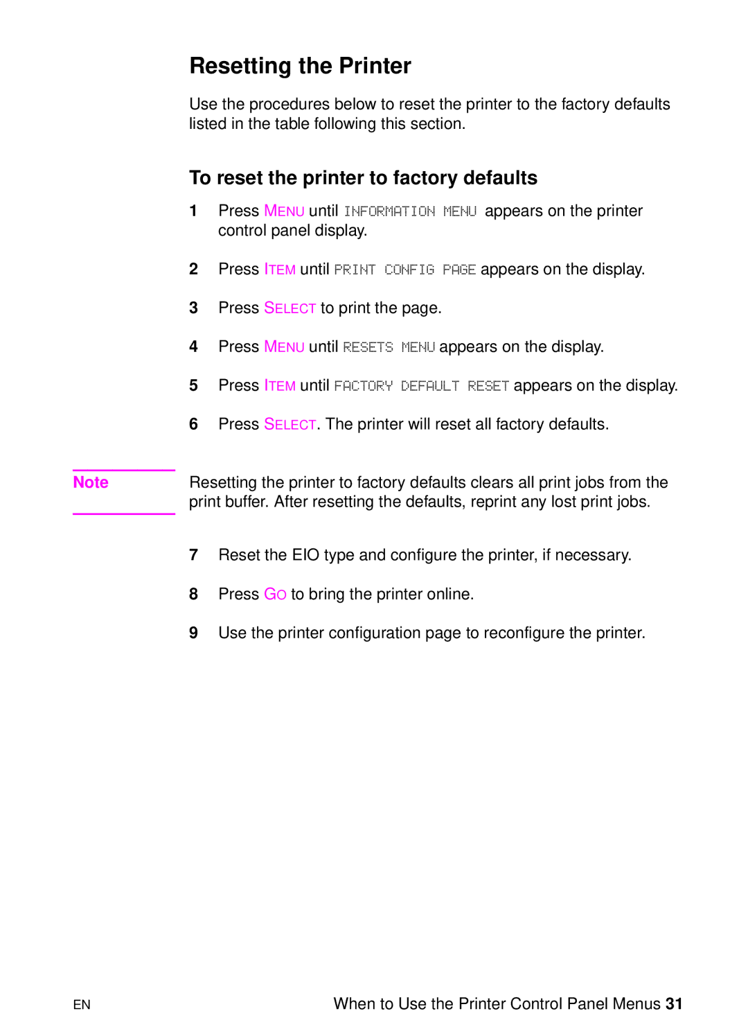 HP 8000 s manual Resetting the Printer, To reset the printer to factory defaults 