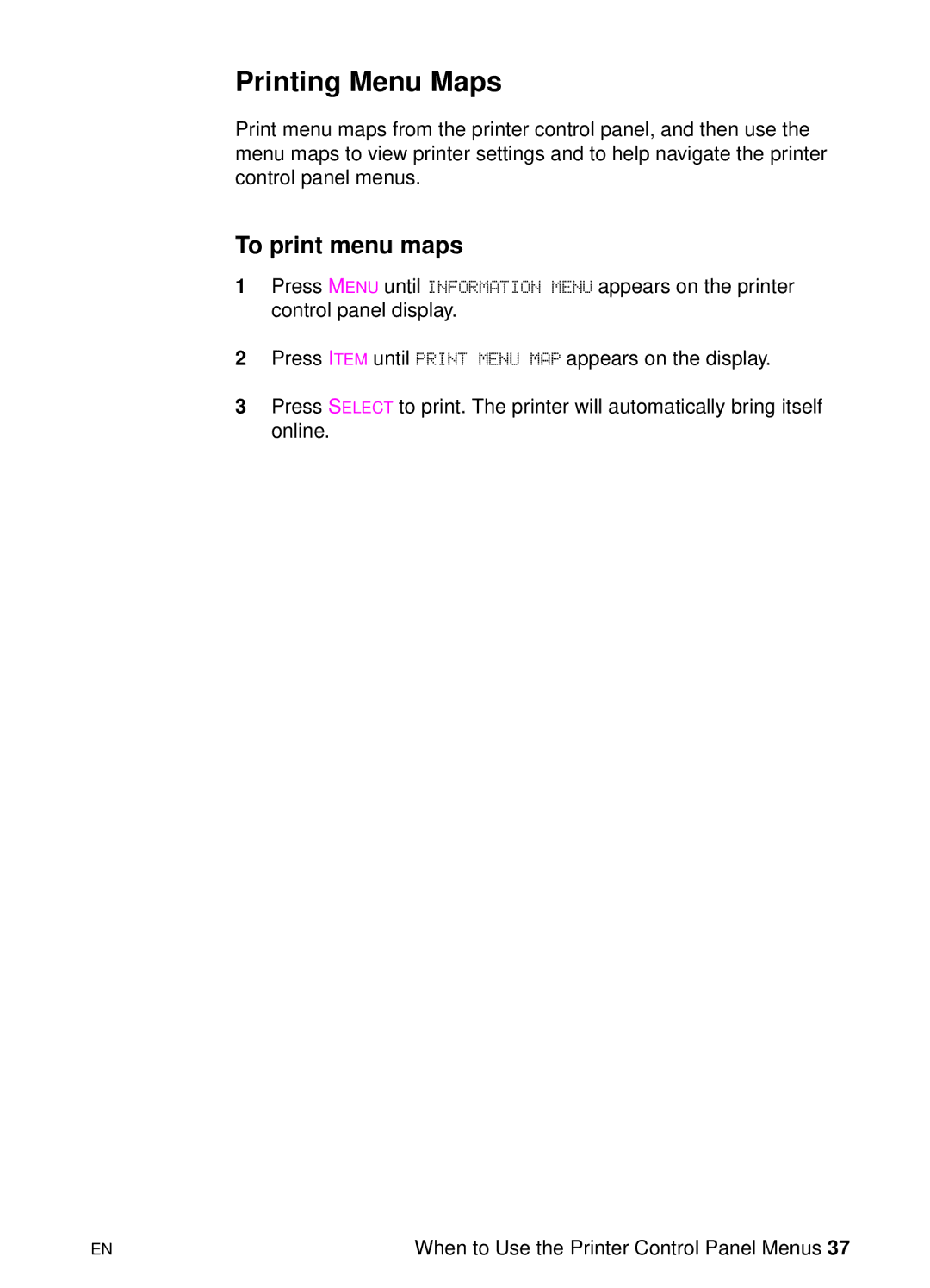 HP 8000 s manual Printing Menu Maps, To print menu maps 