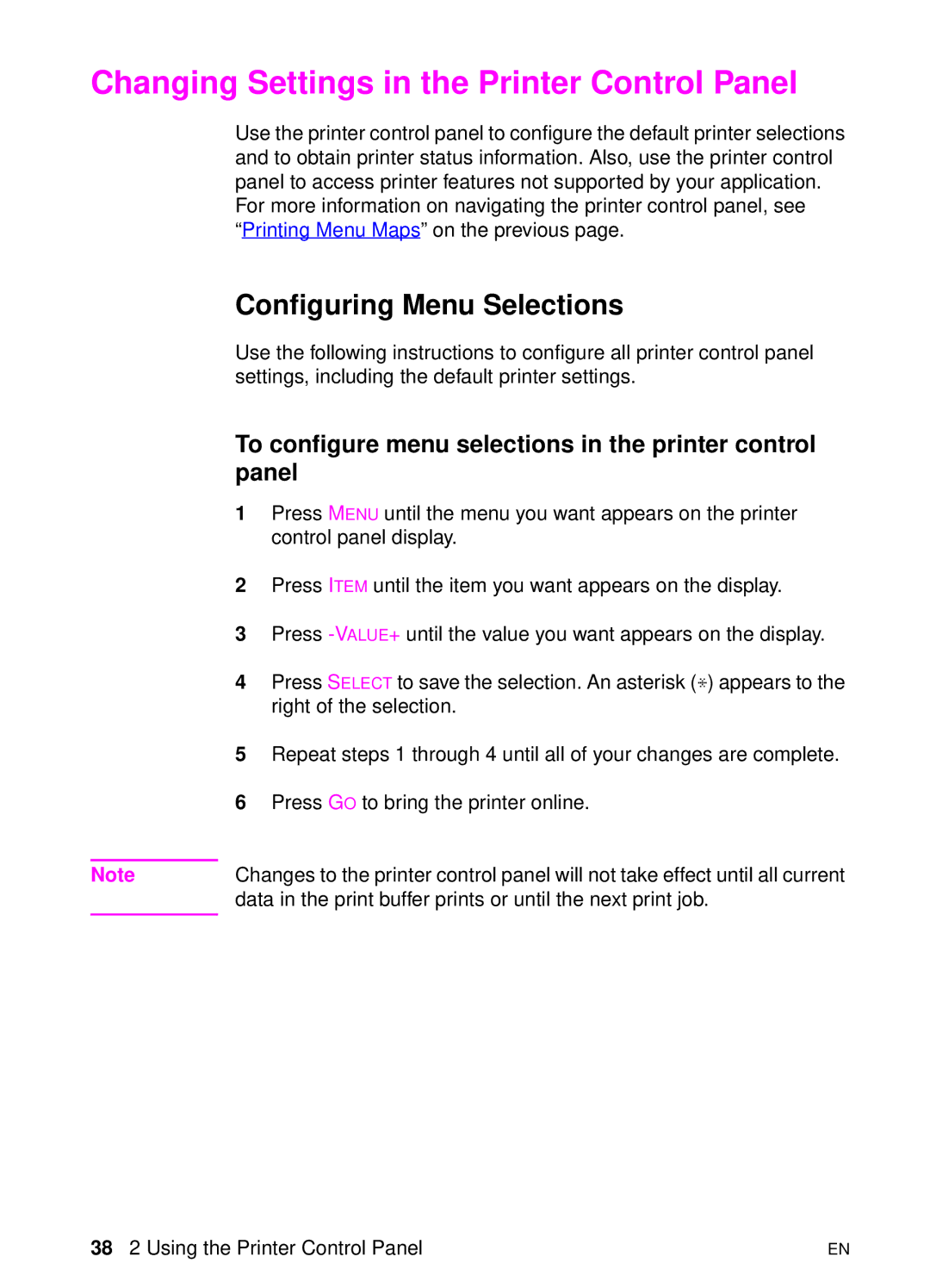 HP 8000 s manual Changing Settings in the Printer Control Panel, Configuring Menu Selections 