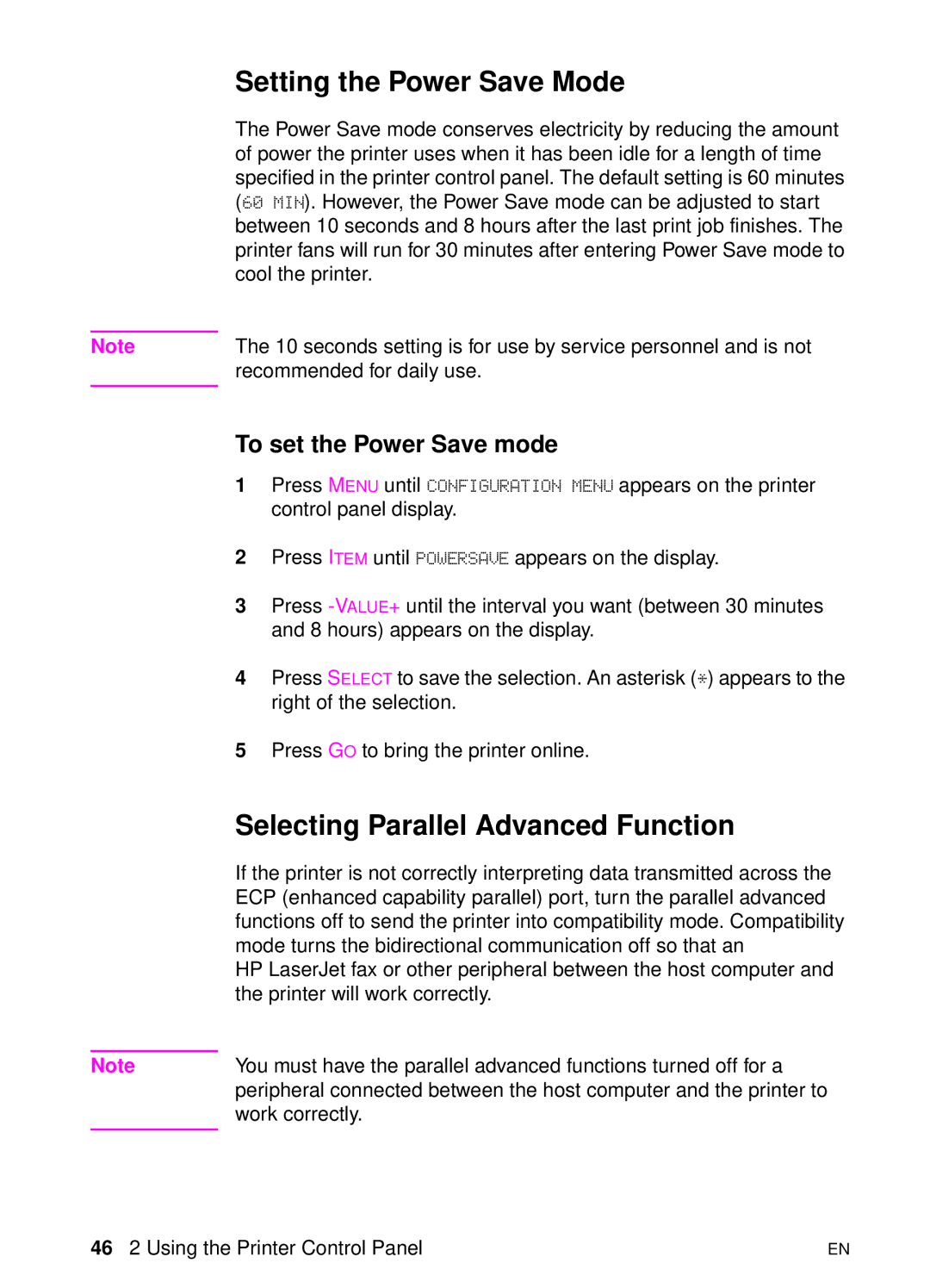 HP 8000 s manual Setting the Power Save Mode, Selecting Parallel Advanced Function, To set the Power Save mode 