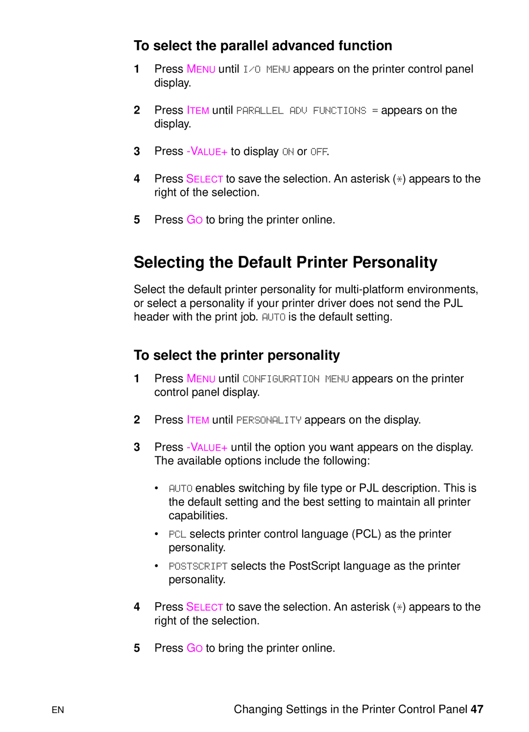 HP 8000 s manual Selecting the Default Printer Personality, To select the parallel advanced function 