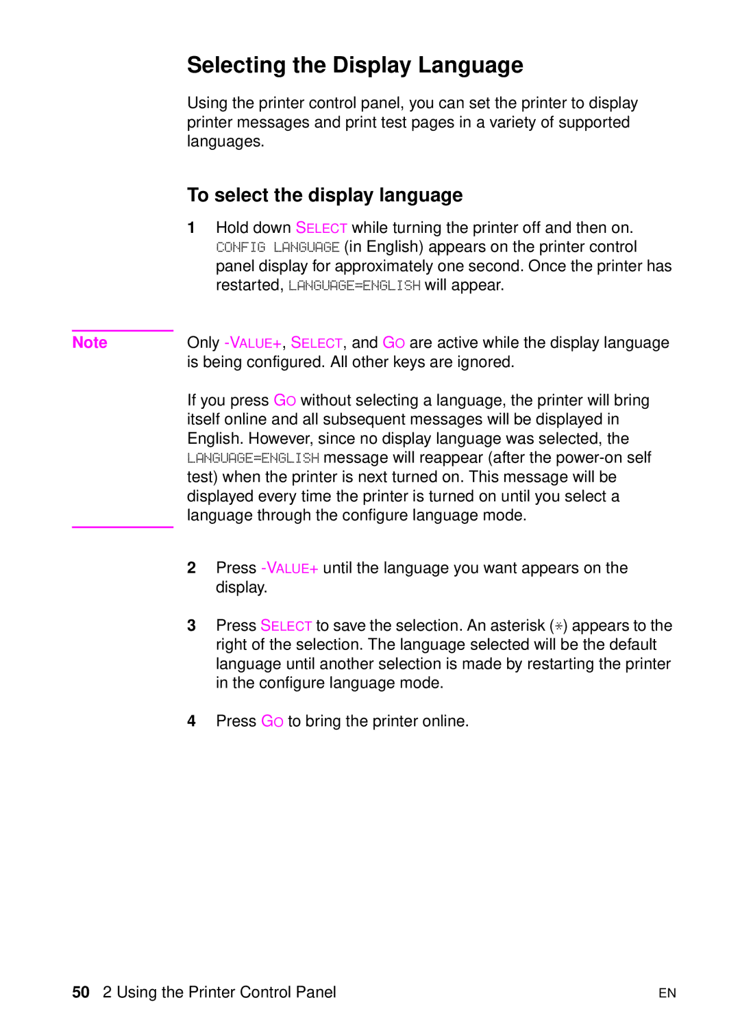 HP 8000 s manual Selecting the Display Language, To select the display language 