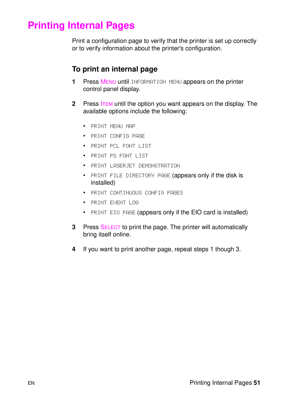 HP 8000 s manual Printing Internal Pages, To print an internal 