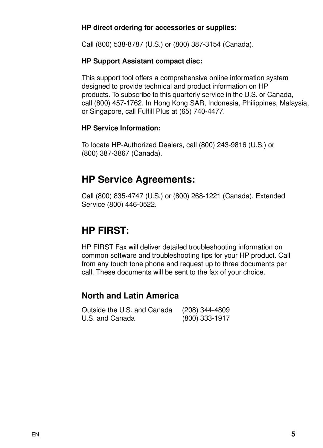 HP 8000 s manual HP Service Agreements, North and Latin America, HP direct ordering for accessories or supplies 