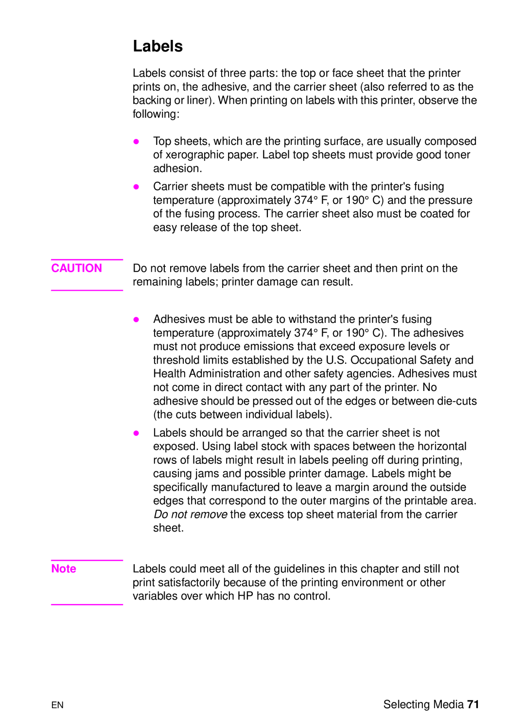 HP 8000 s manual Labels 